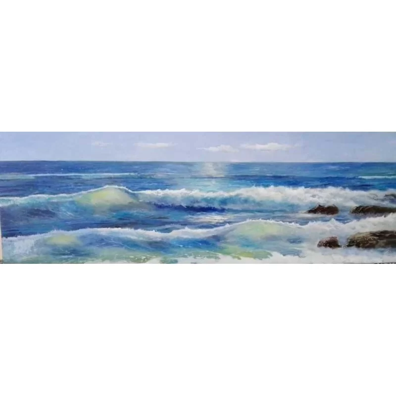 Cuadro al óleo paisaje olas al atardecer marinas lienzo pintado a mano horizontal alargado